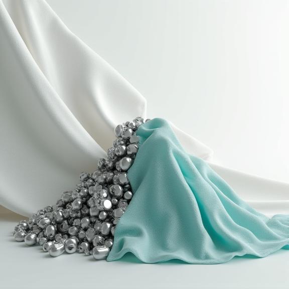 A pile of discarded batteries transforming into a clean, smooth textile fabric, symbolizing resource transformation.
